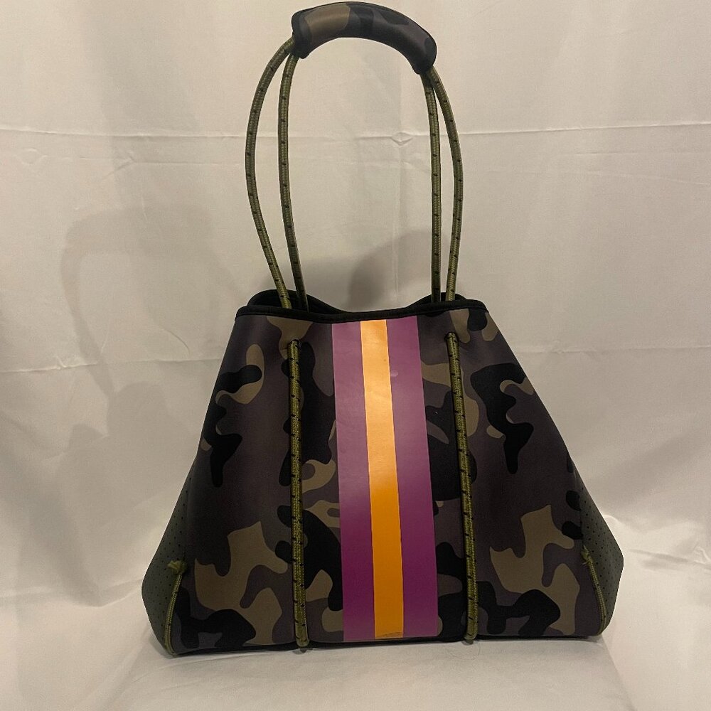 Camo Neoprene Tote with Pink & Orange Stripe & Interior Attachable Small Bag